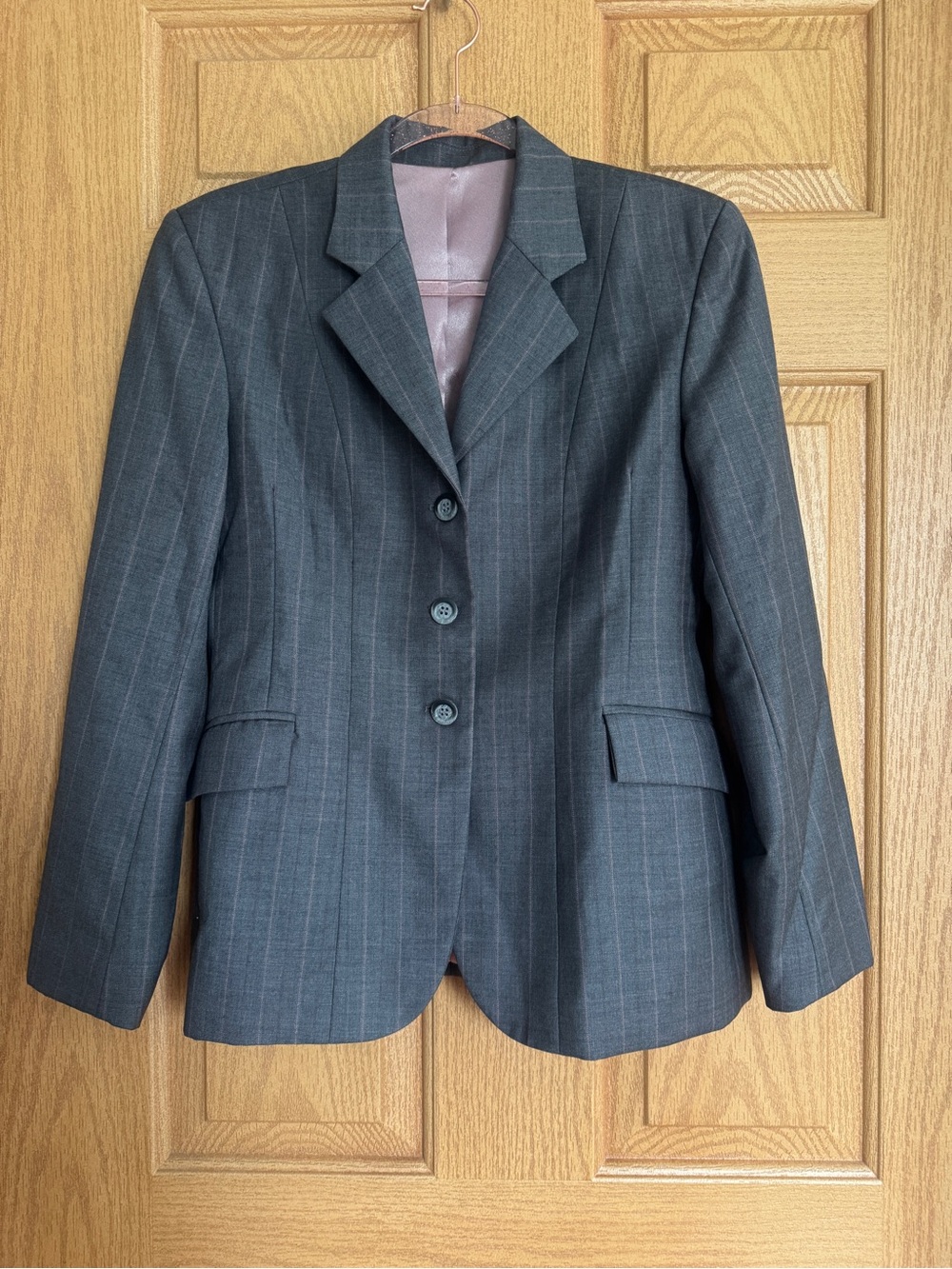Marigold Riding Apparel Equestrian Show Coat Blazer Grey Pink Pinstripe